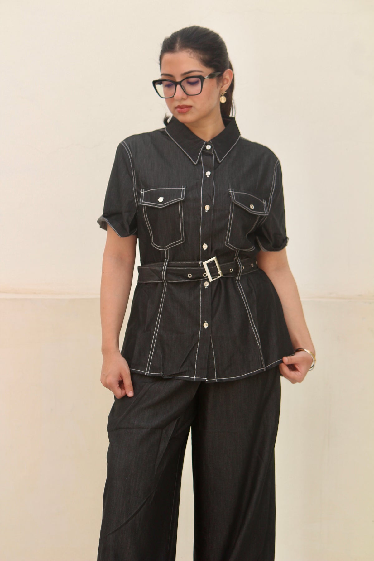 Midnight Stitch | Denim Shirt & Wide-Leg Trouser Co-Ord Set