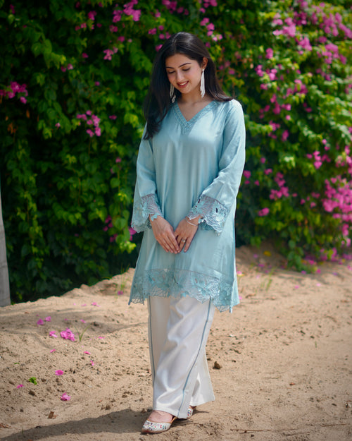 Azure Grace | Embroidered Farshi Co-ord Set