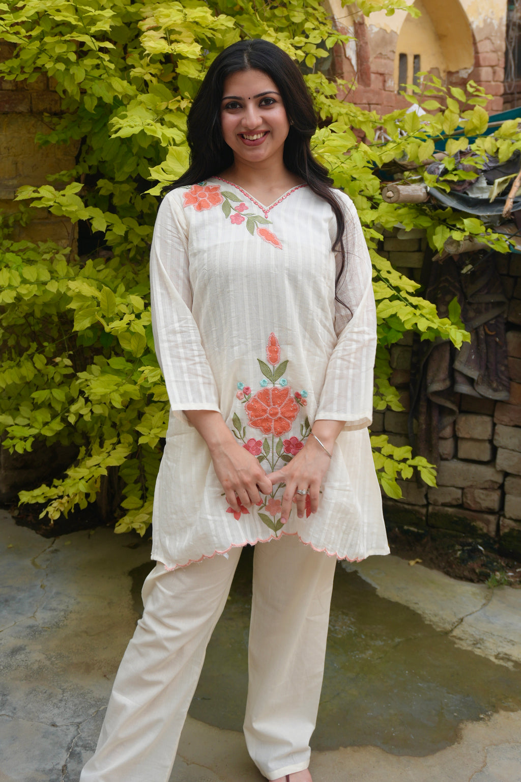 Coral Meadow | Floral Embroidered Kurta Set