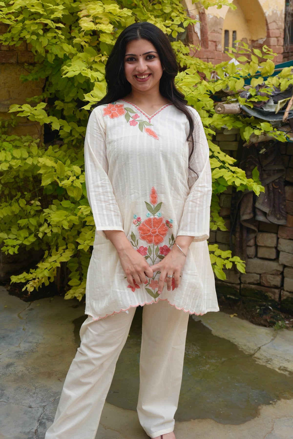 Coral Meadow | Floral Embroidered Kurta Set