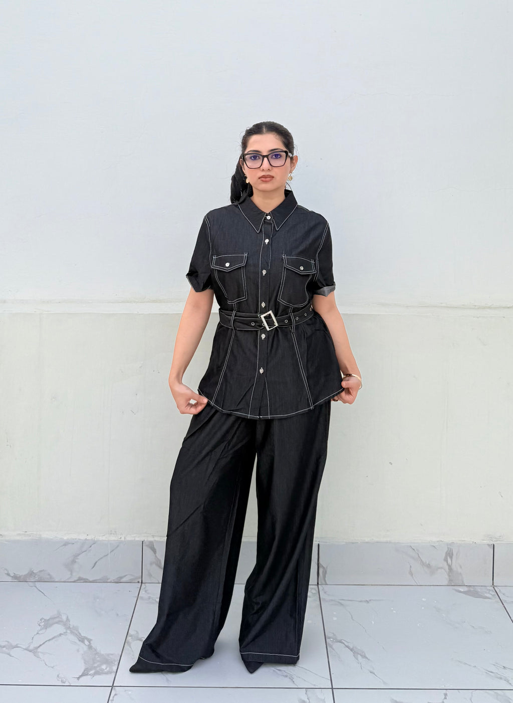Midnight Stitch | Denim Shirt & Wide-Leg Trouser Co-Ord Set
