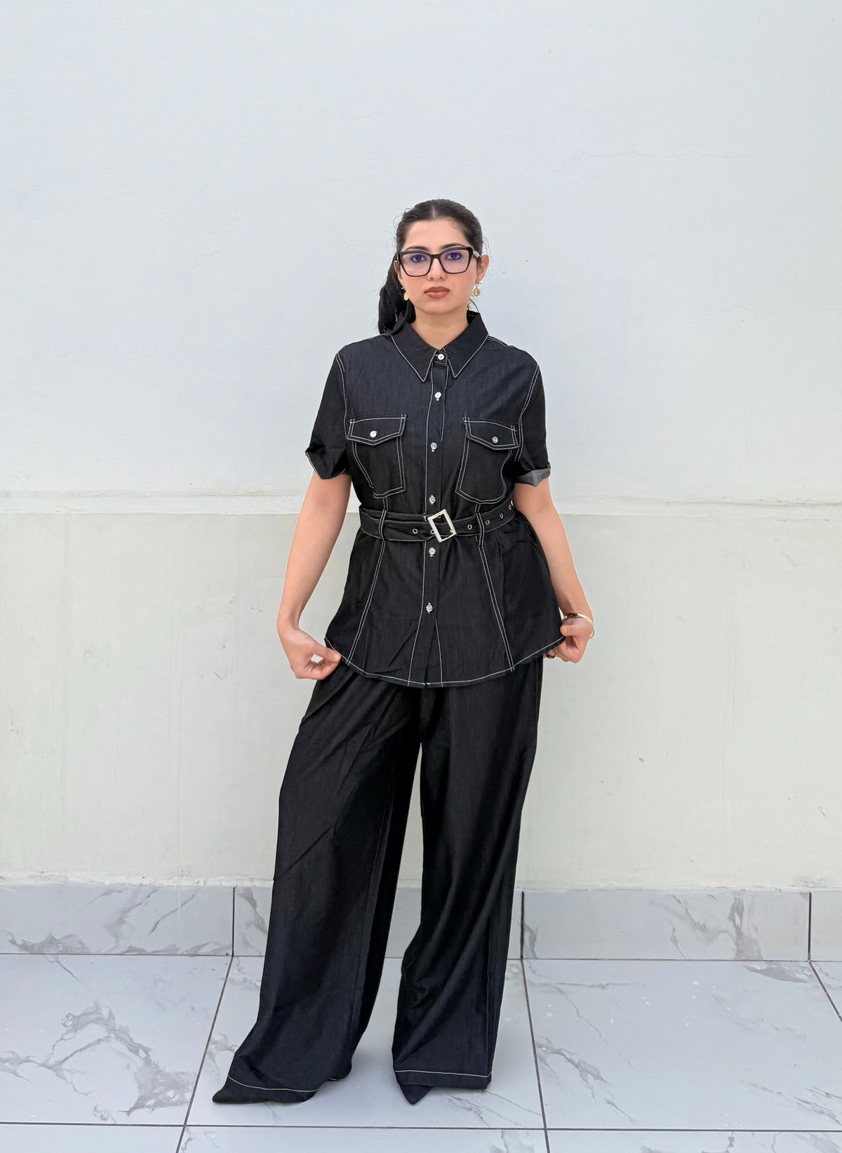 Midnight Stitch | Denim Shirt & Wide-Leg Trouser Co-Ord Set