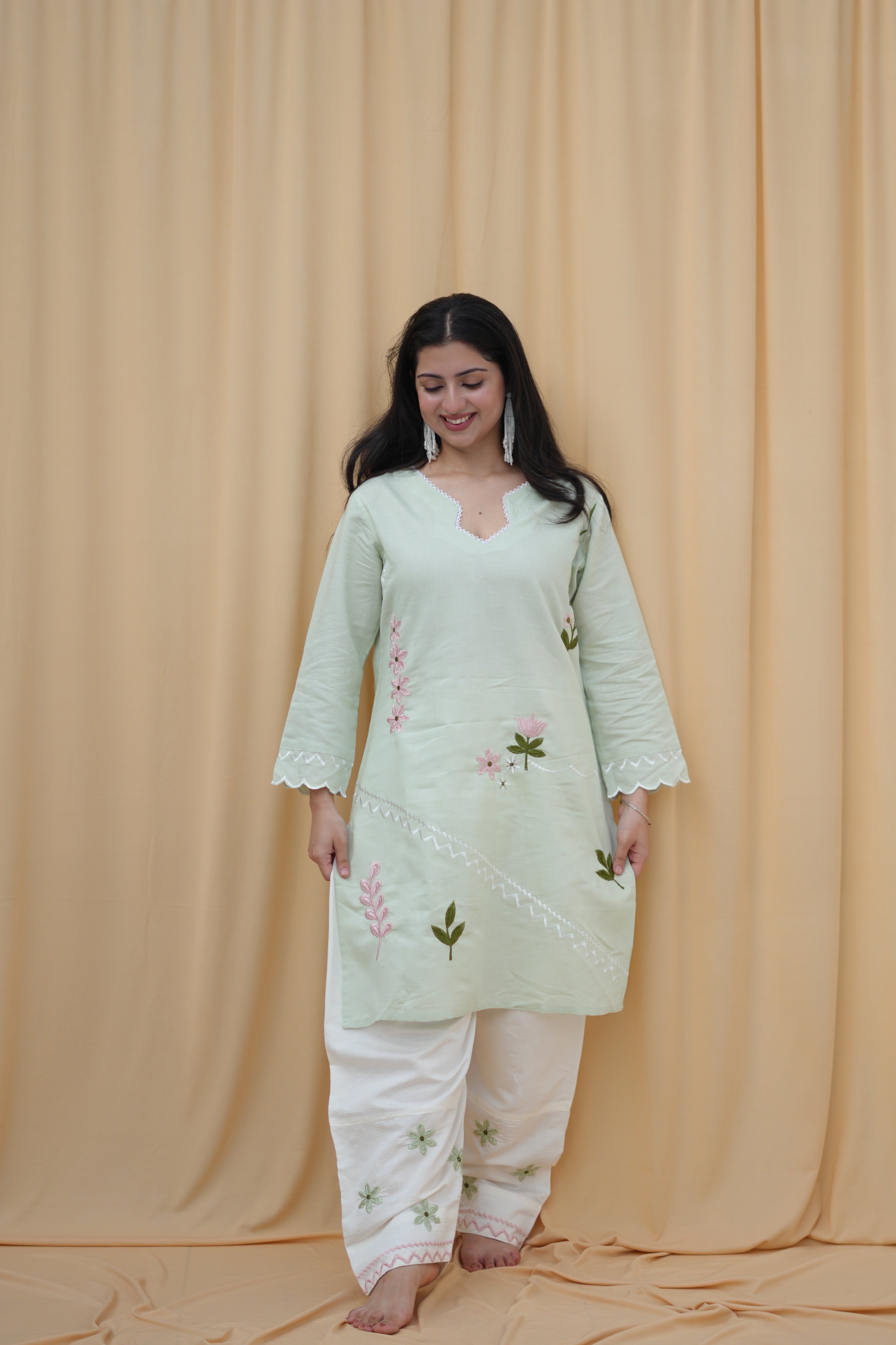 Mint Blossom | Floral Embroidered Kurta Set